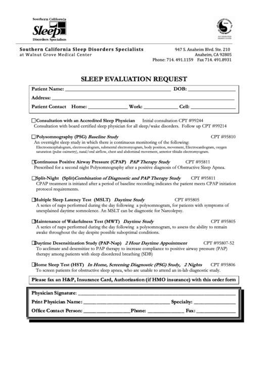 Sleep Evaluation Request Printable pdf