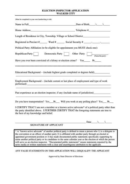 Election Inspector Application - Walker City Printable pdf