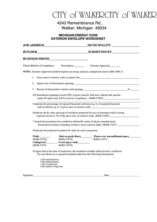 Fillable Michigan Energy Code Exterior Envelope Worksheet - City Of Walker Printable pdf
