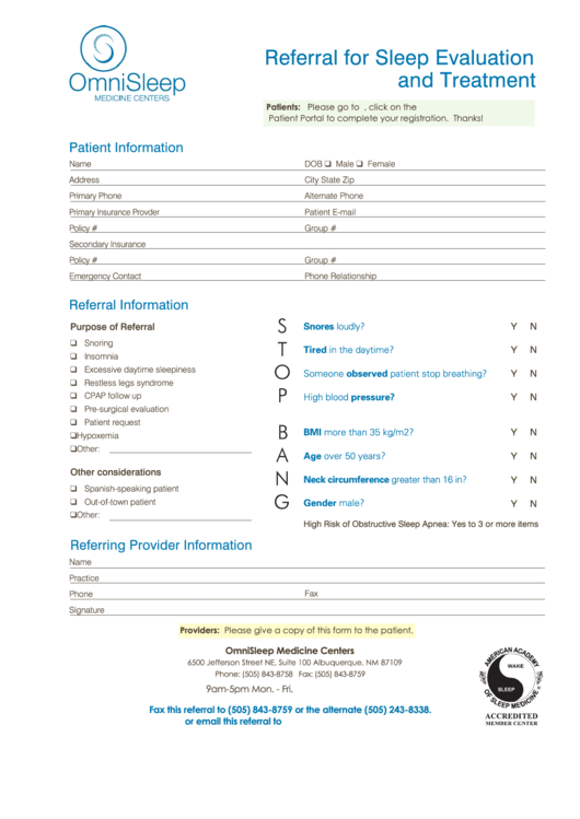 Referral For Sleep Evaluation And Treatment Printable pdf