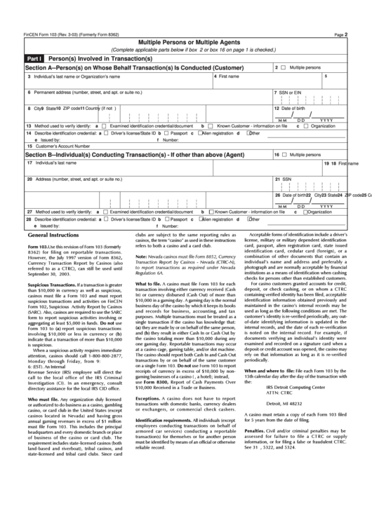 Fillable Fincen Form 103 - Multiple Persons Or Multiple Agents - 2003 Printable pdf