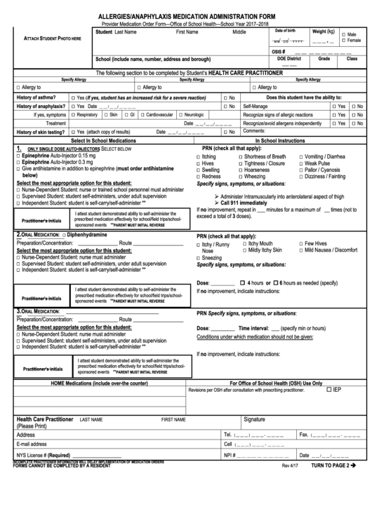 Allergies/anaphylaxis Medication Administration Form