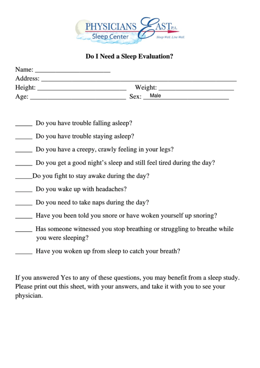 Fillable Do I Need A Sleep Evaluation Printable pdf