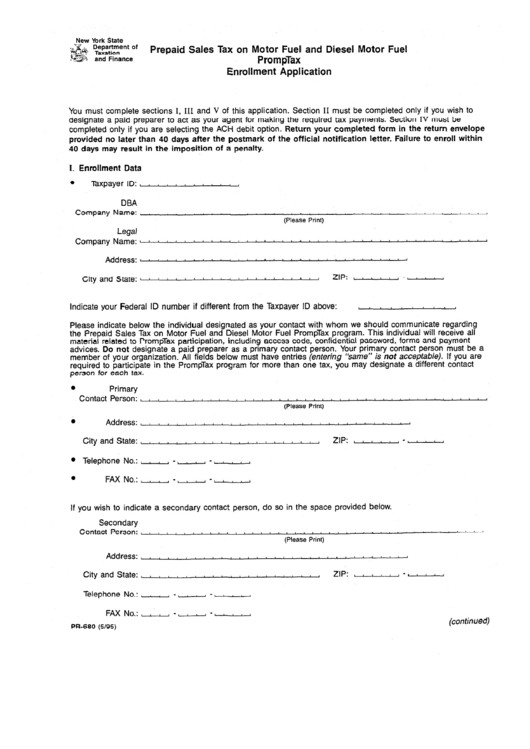 Fillable Form Pr-680 - Prepaid Sales Tax On Motor Fuel And Diesel Motor Fuel Promptax Enrollment Application - New York State Department Of Taxation And Finance Printable pdf