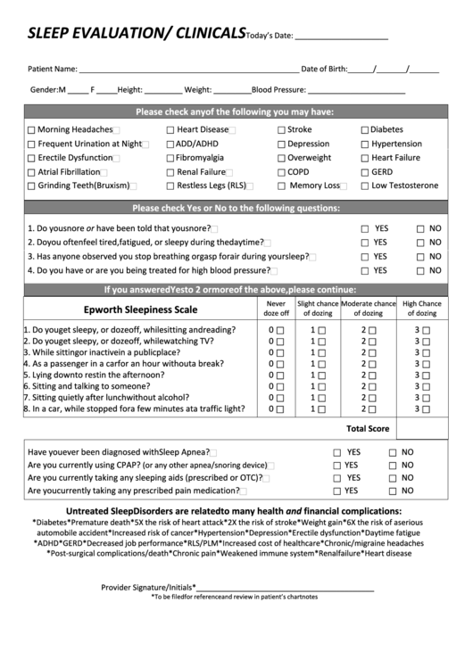 Sleep Evaluation/clinicals Printable pdf
