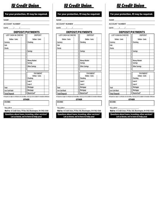 Deposit Form - Iu Credit Union Printable pdf
