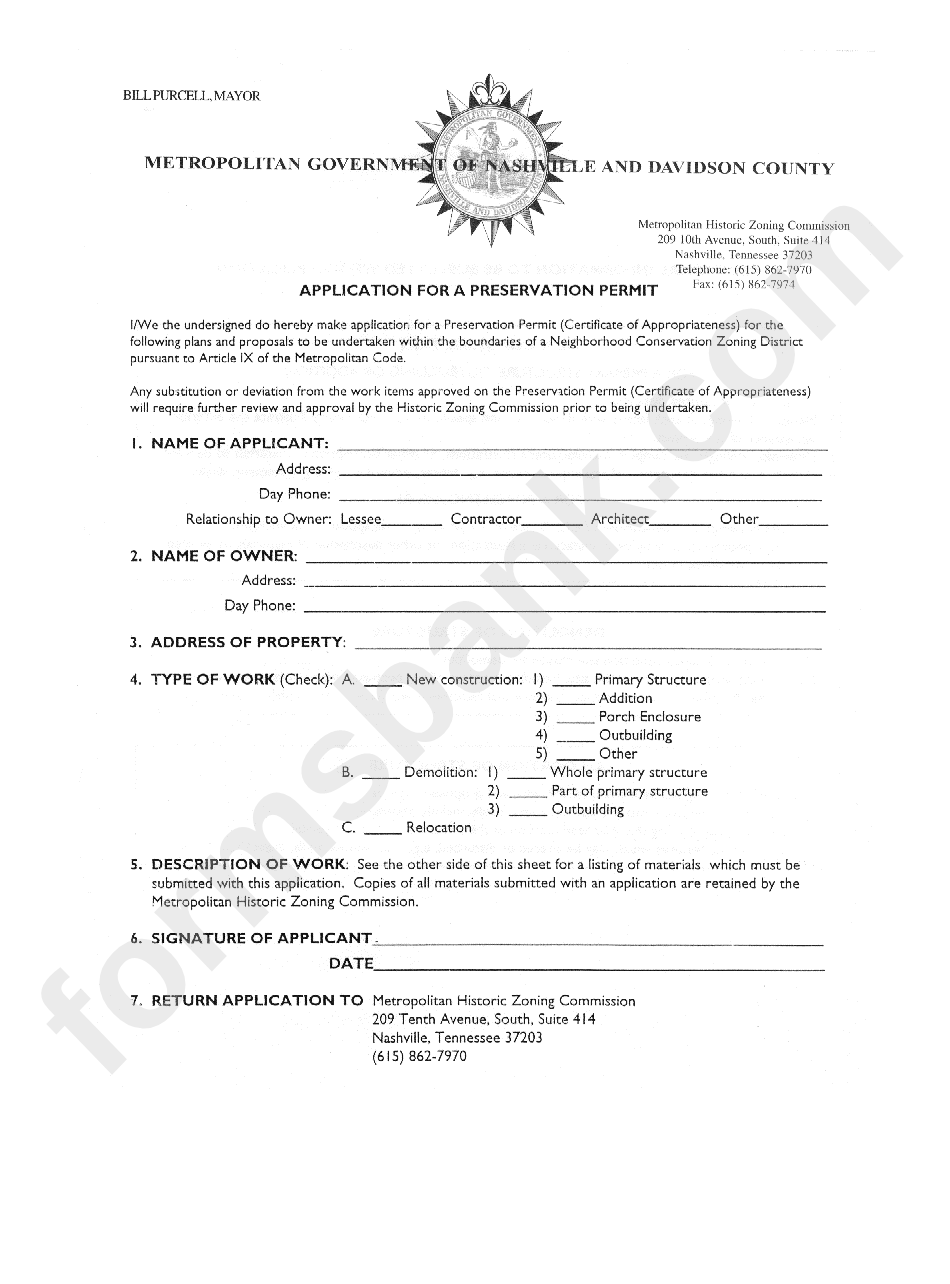 Application For A Preservation Permit - Metropolitan Government Of Nashville And Davidson County Form