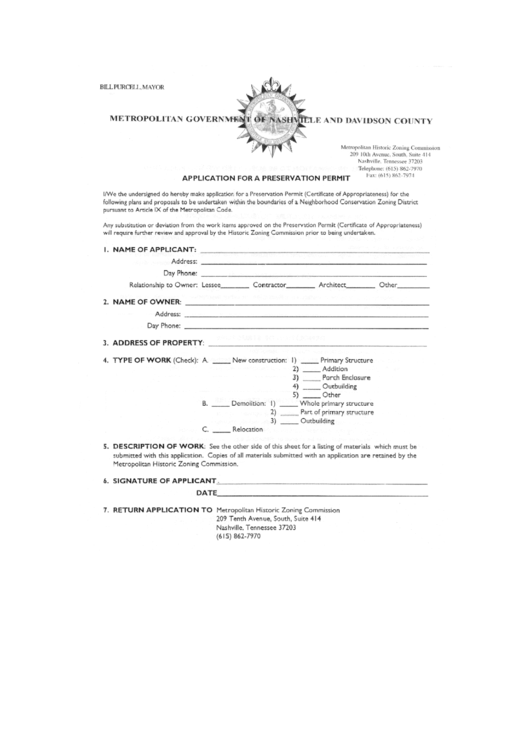 Application For A Preservation Permit - Metropolitan Government Of Nashville And Davidson County Form Printable pdf