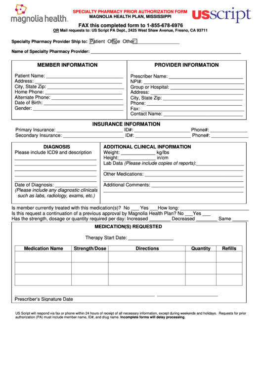 Specialty Pharmacy Prior Authorization Form Printable pdf