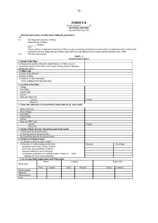 Form F-8 - Monthly Return Printable pdf