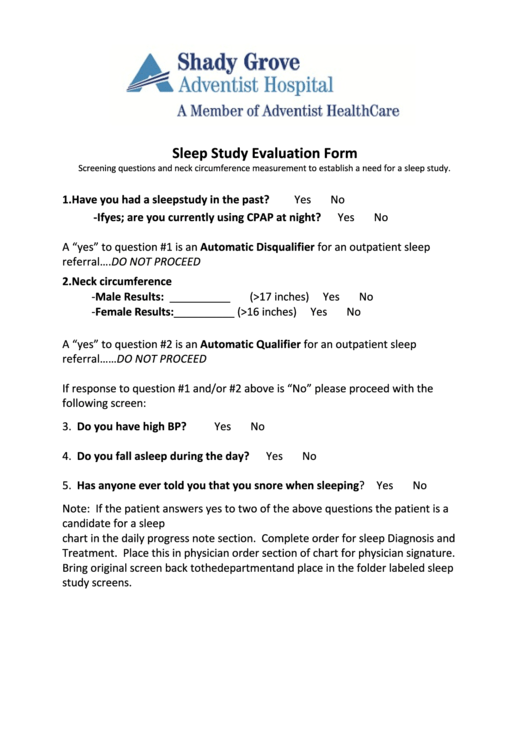 Sleep Study Evaluation Form - Shady Grove Adventist Hospital Printable pdf