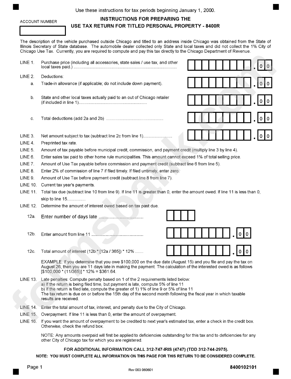 Instructions For Form 8400 - Preparing The Use Tax Return For Titled Personal Property