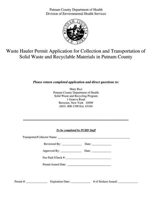 Waste Hauler Permit Application For Collection And Transportation Of Solid Waste And Recyclable Materials In Putnam County Printable pdf