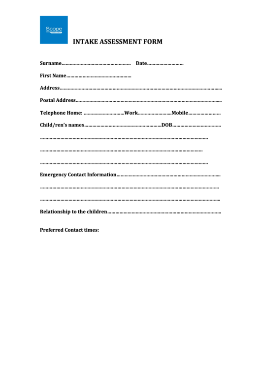 Intake Assessment Form Printable pdf