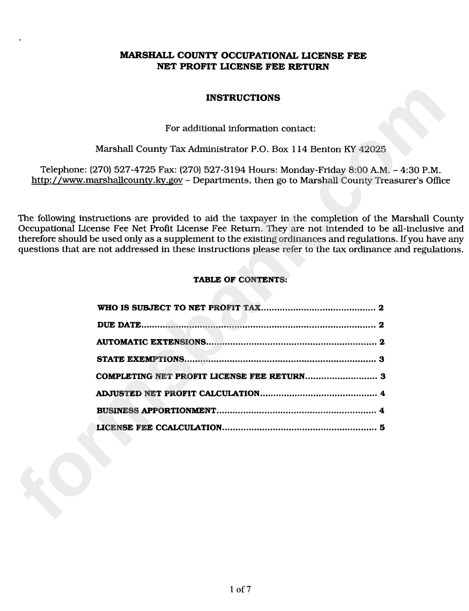 Instructions For Marshall County Occupational License Fee - Net Profit License Fee Return Form