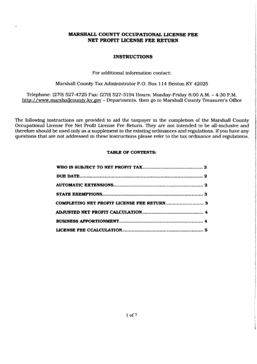 Instructions For Marshall County Occupational License Fee - Net Profit License Fee Return Form Printable pdf