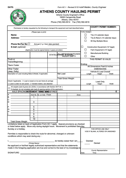 Form Ac-1 - Athens County Hauling Permit Printable pdf