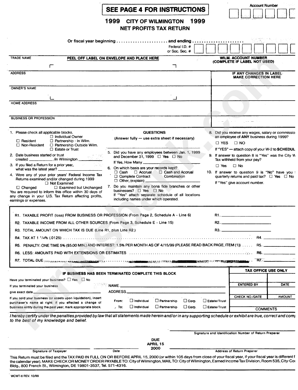 Form Wcwt-6 - Net Profits Tax Return - City Of Wilmington - 1999