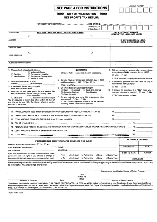 Form Wcwt-6 - Net Profits Tax Return - City Of Wilmington - 1999 Printable pdf
