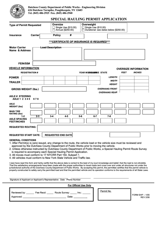 Special Hauling Permit Application - Dutchess County Department Of Public Works