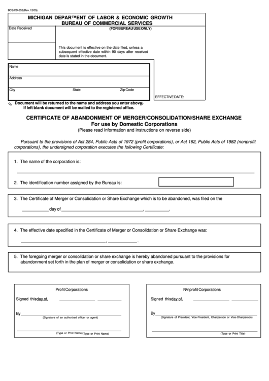 Fillable Form Bcs/cd-552 - Certificate Of Abandonment Of Merger/consolidation/share Exchange Printable pdf