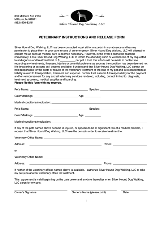 Veterinary Instructions And Release Form! Printable pdf