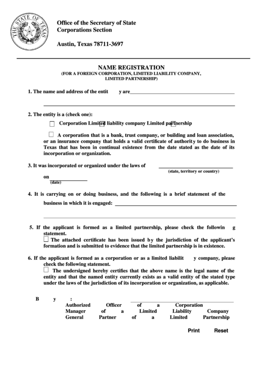 Fillable Name Registration(For A Foreign Corporation, Limited Liability Company, Limited Partnership) - Texas Secretary Of State Printable pdf