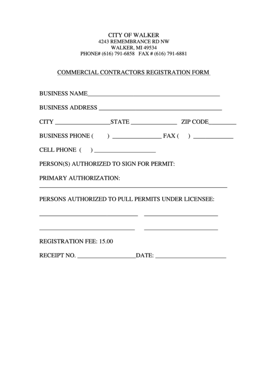 Fillable Commercial Contractors Registration Form - City Of Walker Printable pdf