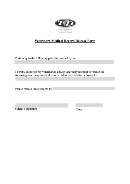 Fillable Veterinary Medical Record Release Form Printable pdf
