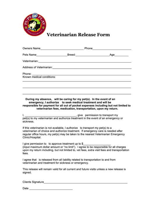 Veterinarian Release Form Printable pdf
