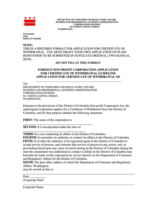 Foreign Non-Profit Corporation Application For Certificate Of Withdrawal Form Printable pdf