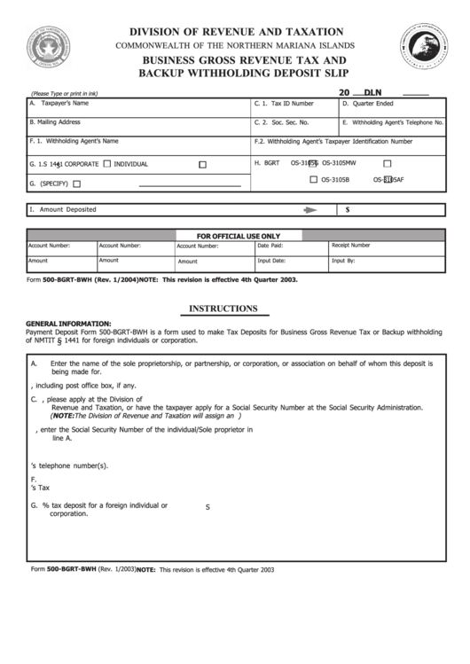 Form 500-bgrt-bwh - Business Gross Revenue Tax And Backup Withholding Deposit Slip