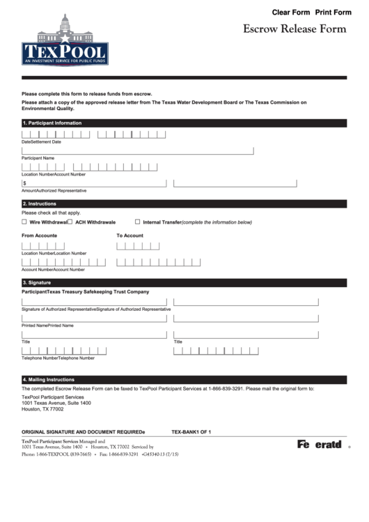 Fillable Escrow Release Form Printable pdf