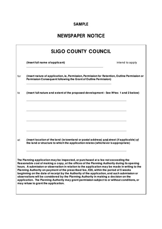 Sample Newspaper Notice - Sligo County Council