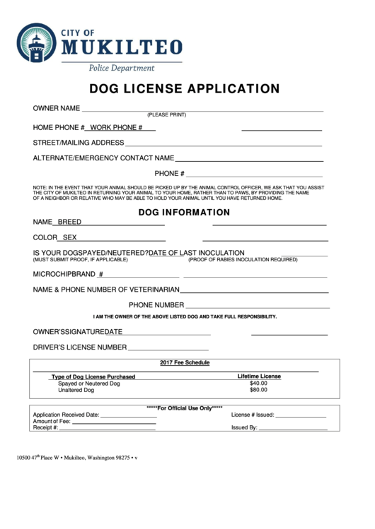 Dog License Application Printable pdf