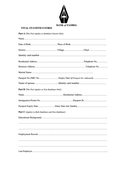 Bank Of Zambia - Vital Statistics Form Printable pdf