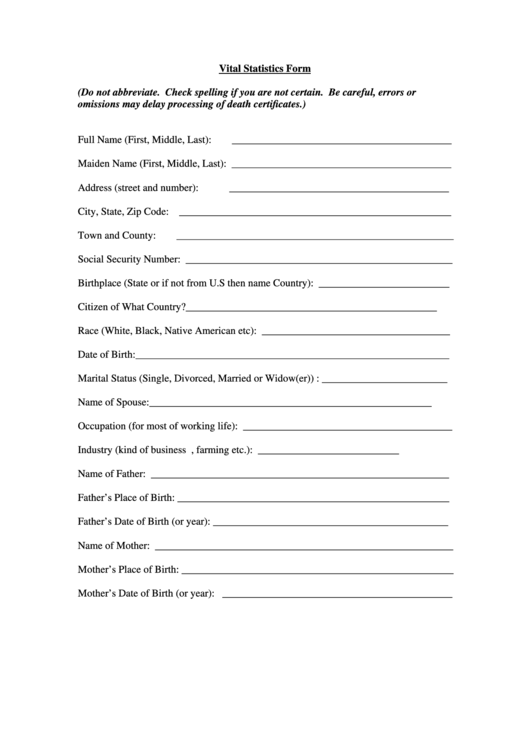 Fillable Vital Statistics Form Printable pdf