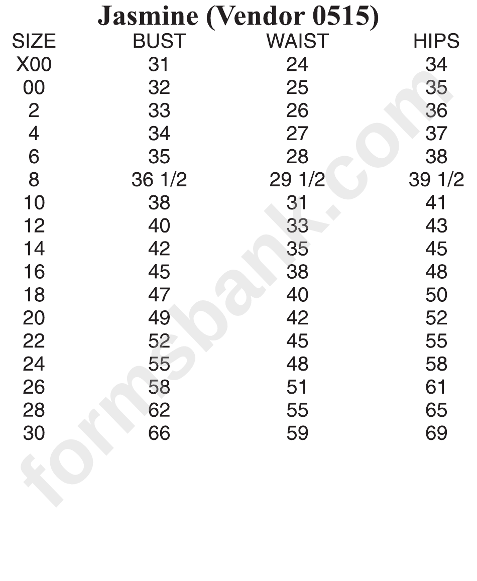 Jasmine Size Chart printable pdf download