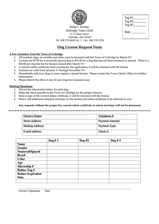 Dog License Request Form Printable pdf