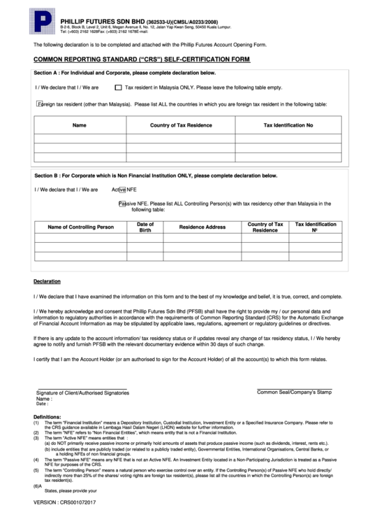 Common Reporting Standard Crs Self Certification Form Printable Pdf 