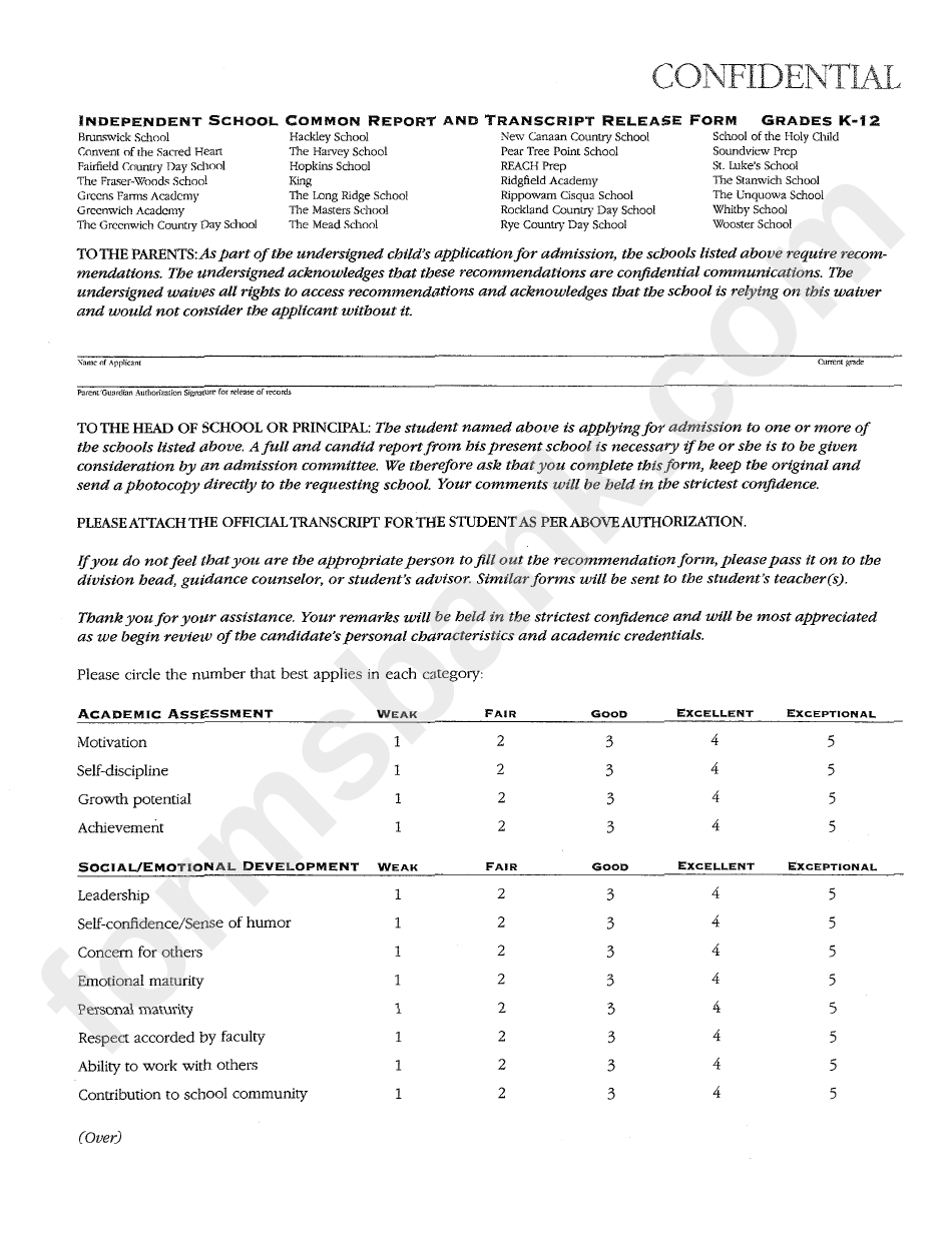 Independent School Common Report And Transcript Release Form - Grades K-12