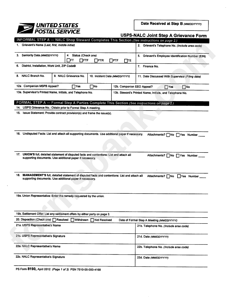 Ps Form 8190 - Usps-Nalc Joint Step A Grievance Form
