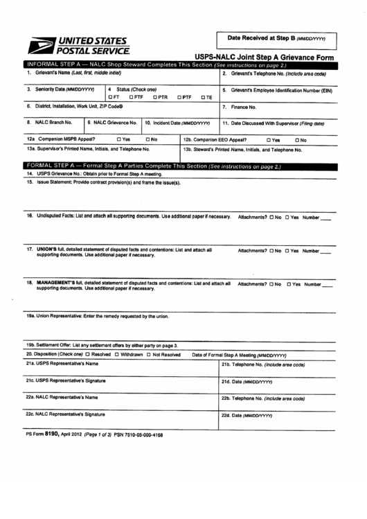 Fillable Ps Form 8190 - Usps-Nalc Joint Step A Grievance Form Printable pdf