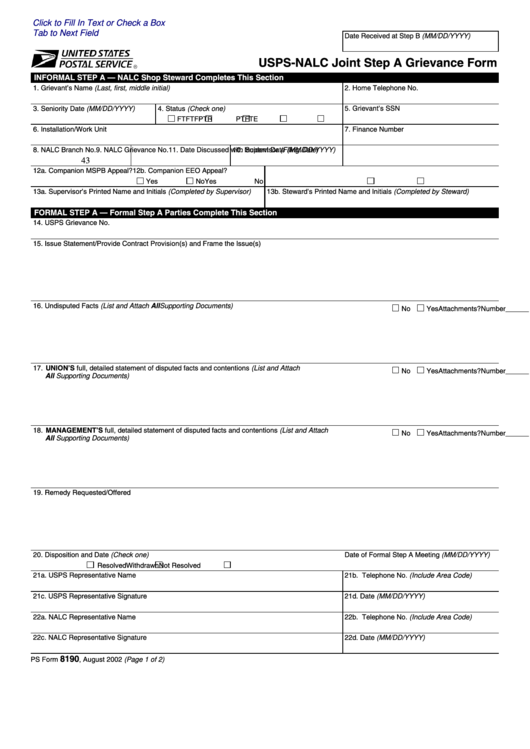 Ps Form 8190 - Usps-Nalc Joint Step A Grievance Form Printable pdf