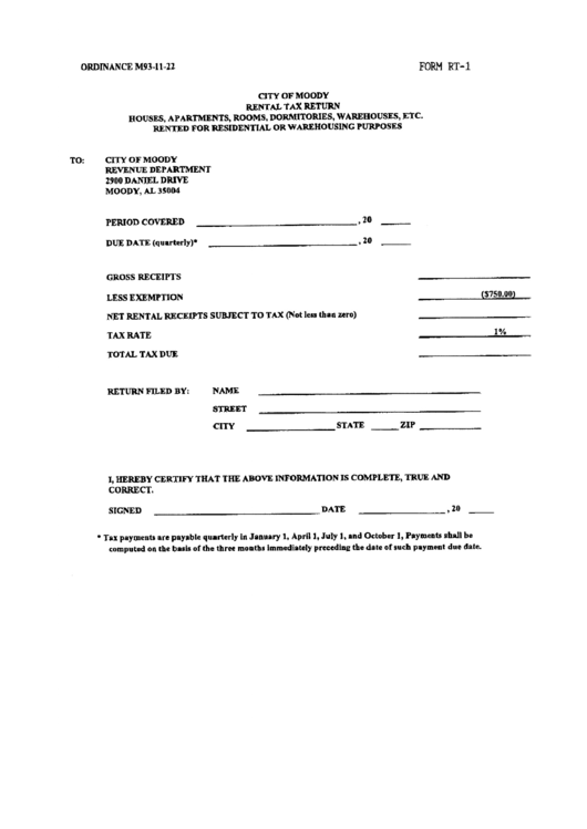 Form Rt-1 - Rental Tax Return - Houses, Apartments, Rooms, Dormitories, Warehouses, Etc. - Rented For Residential Or Warehousing Purposes Printable pdf