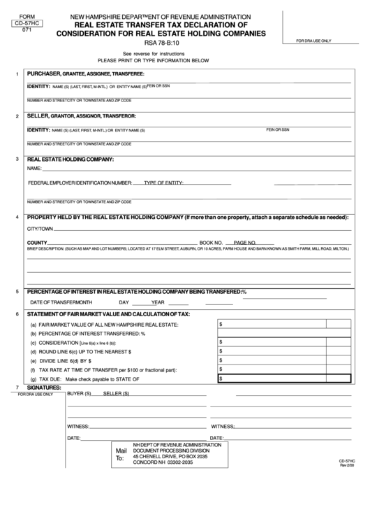 Form Cd-57hc - Real Estate Transfer Tax Declaration Of Consideration For Real Estate Holding Companies Printable pdf