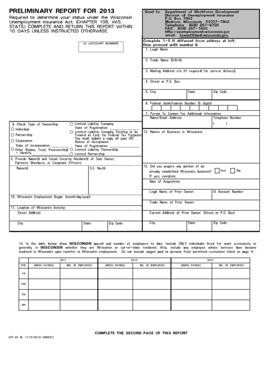 Form Uct-43 - Preliminary Report - 2013 Printable pdf