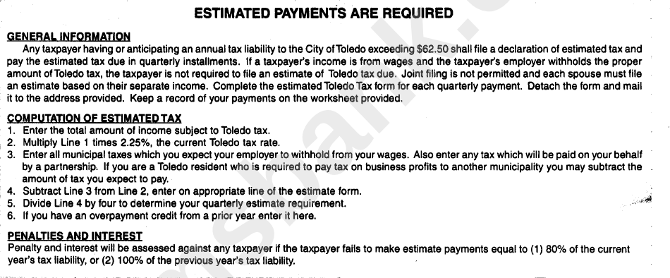 Estimated Toledo City Income Tax Worksheet For Calendar Year Or Fiscal Period