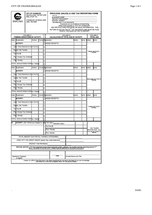 City Of Chandler Sales & Use Tax Return Printable pdf