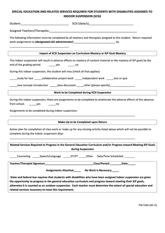 Fillable Form Fm-7429 - Special Education Amd Related Services Required For Students With Disabilities Assigned To Indoor Suspension (Scsi) Printable pdf